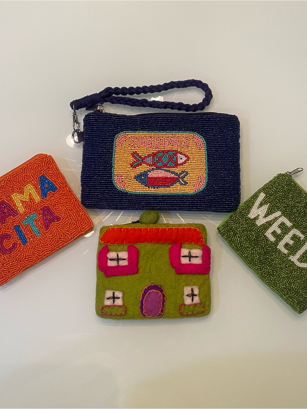Novelty Pouch Lot (4Pc) Sardines Beaded Wristlet Mamacita Weeds Gringo Felt